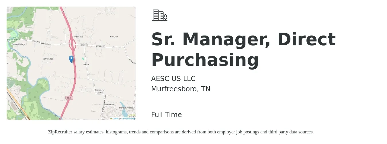 AESC US LLC job posting for a Sr. Manager, Direct Purchasing in Murfreesboro, TN with a salary of $58,600 to $90,100 Yearly with a map of Murfreesboro location.