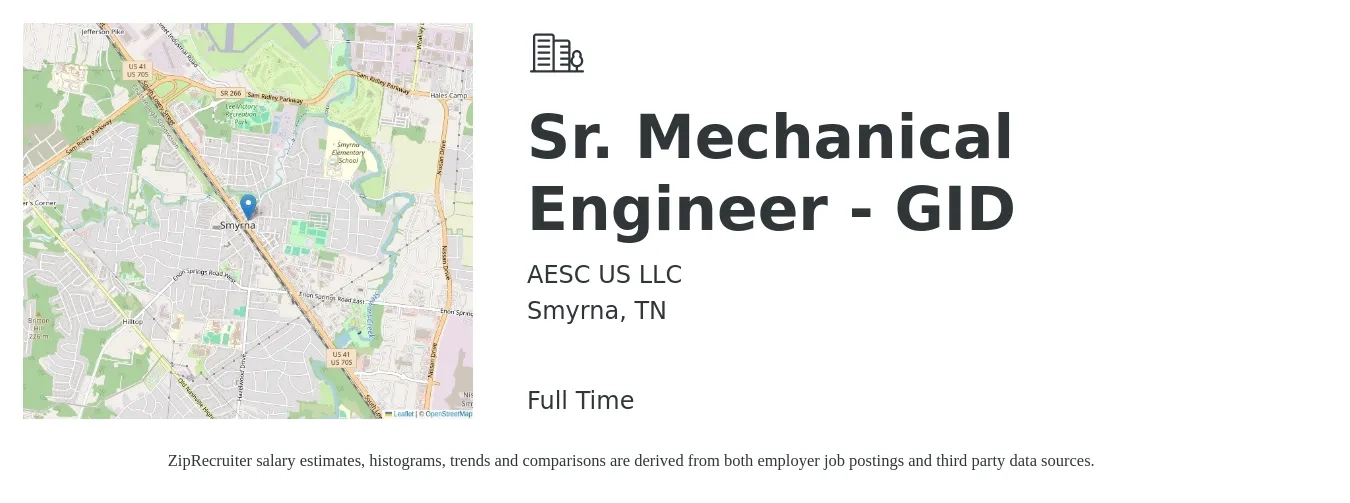 AESC US LLC job posting for a Sr. Mechanical Engineer - GID in Smyrna, TN with a salary of $97,400 to $128,700 Yearly with a map of Smyrna location.