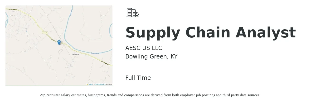 AESC US LLC job posting for a Supply Chain Analyst in Bowling Green, KY with a salary of $57,800 to $81,900 Yearly with a map of Bowling Green location.