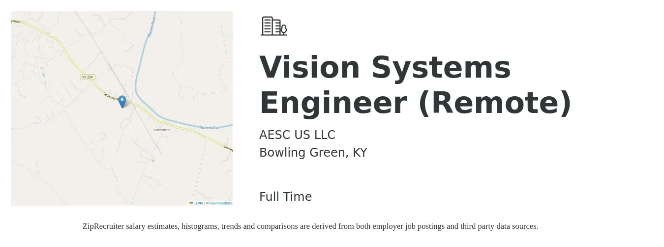 AESC US LLC job posting for a Vision Systems Engineer (Remote) in Bowling Green, KY with a salary of $96,100 to $153,900 Yearly with a map of Bowling Green location.
