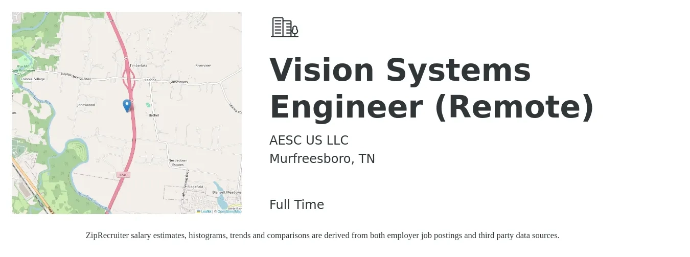 AESC US LLC job posting for a Vision Systems Engineer (Remote) in Murfreesboro, TN with a salary of $88,300 to $141,500 Yearly with a map of Murfreesboro location.