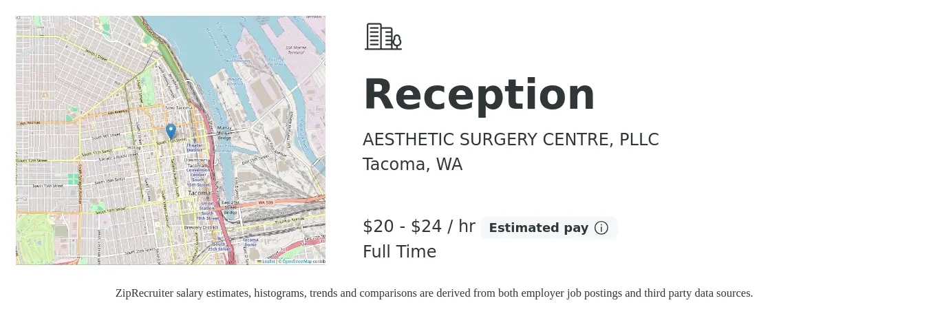 AESTHETIC SURGERY CENTRE, PLLC job posting for a Reception in Tacoma, WA with a salary of $21 to $25 Hourly with a map of Tacoma location.