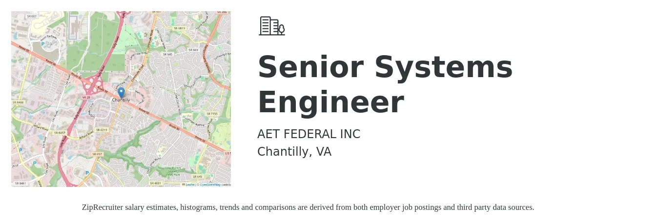 AET FEDERAL INC job posting for a Senior Systems Engineer in Chantilly, VA with a salary of $140,000 to $150,000 Yearly with a map of Chantilly location.