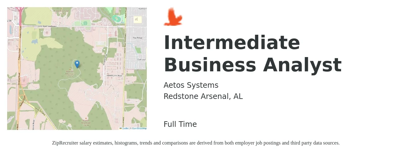 Aetos Systems job posting for a Intermediate Business Analyst in Redstone Arsenal, AL with a salary of $38 to $63 Hourly with a map of Redstone Arsenal location.