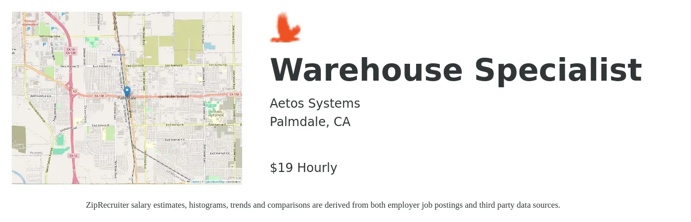 Aetos Systems job posting for a Warehouse Specialist in Palmdale, CA with a salary of $20 Hourly with a map of Palmdale location.