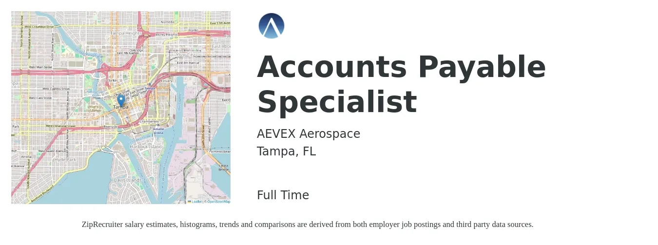 AEVEX Aerospace job posting for a Accounts Payable Specialist in Tampa, FL with a salary of $20 to $26 Hourly with a map of Tampa location.