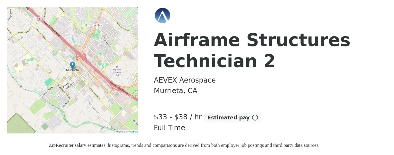 AEVEX Aerospace job posting for a Airframe Structures Technician 2 in Murrieta, CA with a salary of $35 to $41 Hourly with a map of Murrieta location.