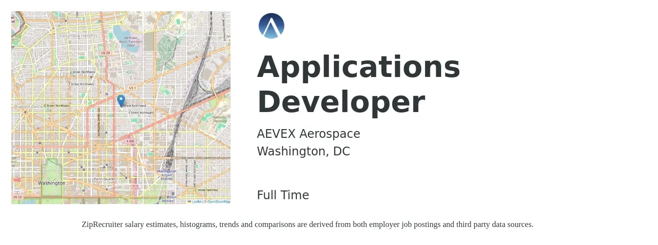 AEVEX Aerospace job posting for a Applications Developer in Washington, DC with a salary of $50 to $71 Hourly with a map of Washington location.