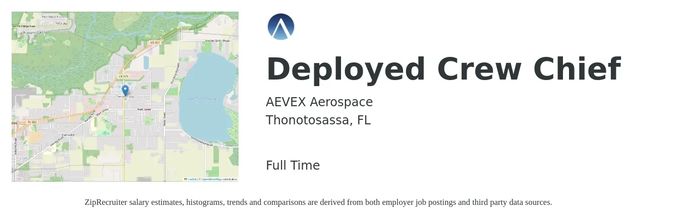 AEVEX Aerospace job posting for a Deployed Crew Chief in Thonotosassa, FL with a salary of $110,100 to $186,800 Yearly with a map of Thonotosassa location.