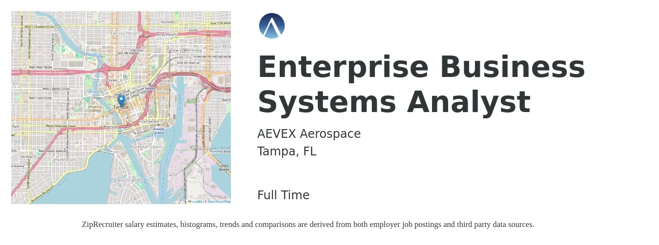 AEVEX Aerospace job posting for a Enterprise Business Systems Analyst in Tampa, FL with a salary of $38 to $58 Hourly with a map of Tampa location.