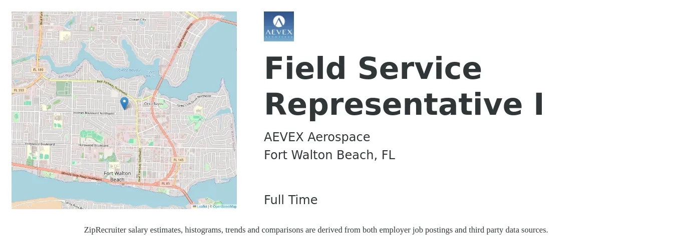 AEVEX Aerospace job posting for a Field Service Representative I in Fort Walton Beach, FL with a salary of $30 to $34 Hourly with a map of Fort Walton Beach location.