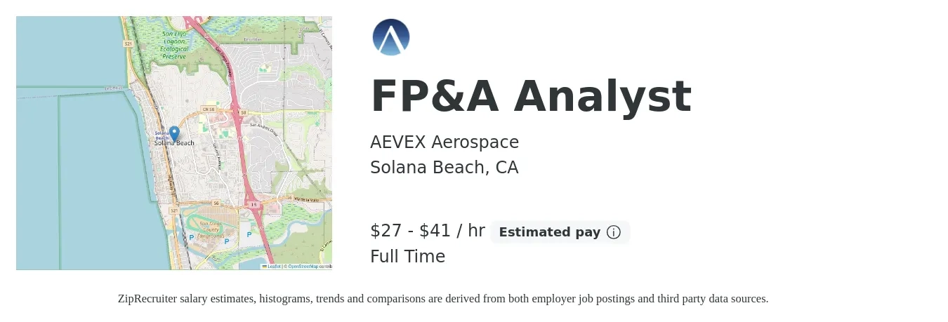 AEVEX Aerospace job posting for a FP&A Analyst in Solana Beach, CA with a salary of $29 to $43 Hourly with a map of Solana Beach location.