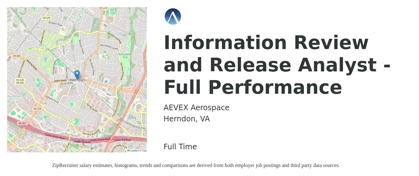 AEVEX Aerospace job posting for a Information Review and Release Analyst - Full Performance in Herndon, VA with a salary of $17 to $22 Hourly with a map of Herndon location.