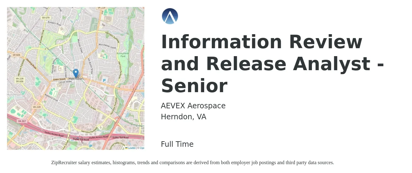 AEVEX Aerospace job posting for a Information Review and Release Analyst - Senior in Herndon, VA with a salary of $86,800 to $119,200 Yearly with a map of Herndon location.