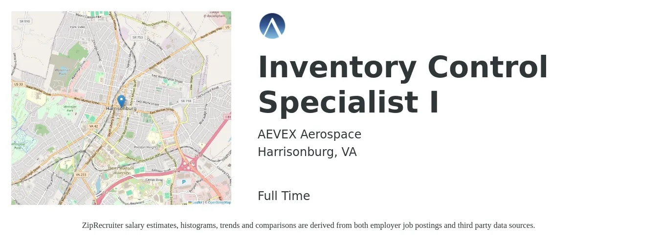 AEVEX Aerospace job posting for a Inventory Control Specialist I in Harrisonburg, VA with a salary of $17 to $22 Hourly with a map of Harrisonburg location.