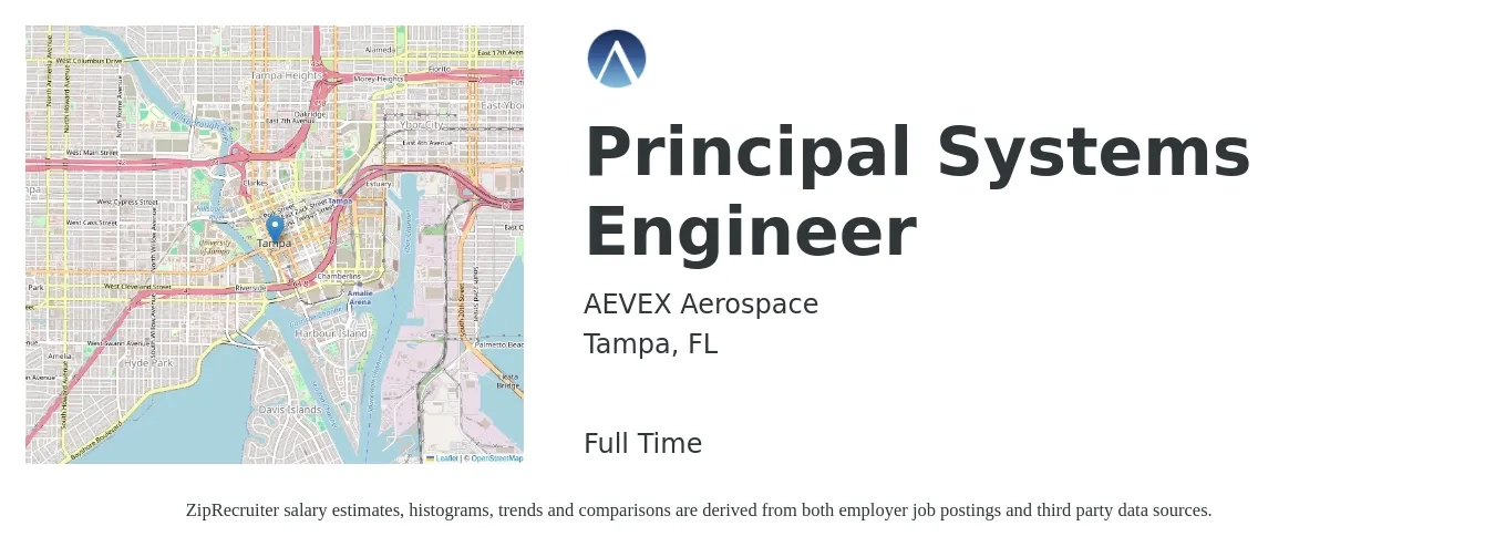 AEVEX Aerospace job posting for a Principal Systems Engineer in Tampa, FL with a salary of $113,400 to $165,400 Yearly with a map of Tampa location.