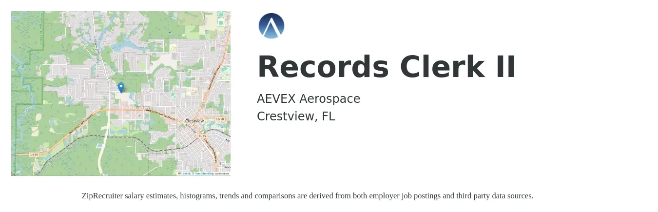 AEVEX Aerospace job posting for a Records Clerk II in Crestview, FL with a salary of $14 to $18 Hourly with a map of Crestview location.