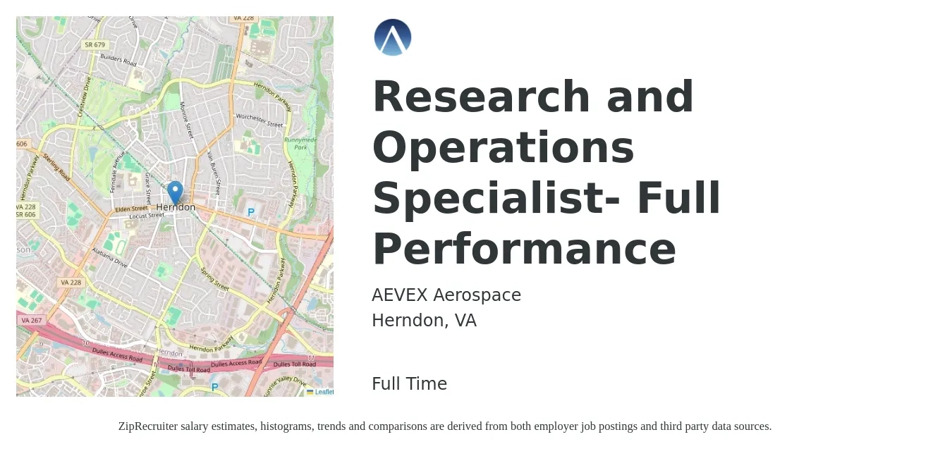 AEVEX Aerospace job posting for a Research and Operations Specialist- Full Performance in Herndon, VA with a salary of $45,200 to $71,900 Yearly with a map of Herndon location.