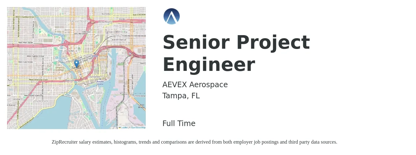 AEVEX Aerospace job posting for a Senior Project Engineer in Tampa, FL with a salary of $93,600 to $121,900 Yearly with a map of Tampa location.