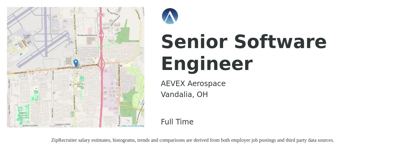 AEVEX Aerospace job posting for a Senior Software Engineer in Vandalia, OH with a salary of $115,200 to $151,900 Yearly with a map of Vandalia location.