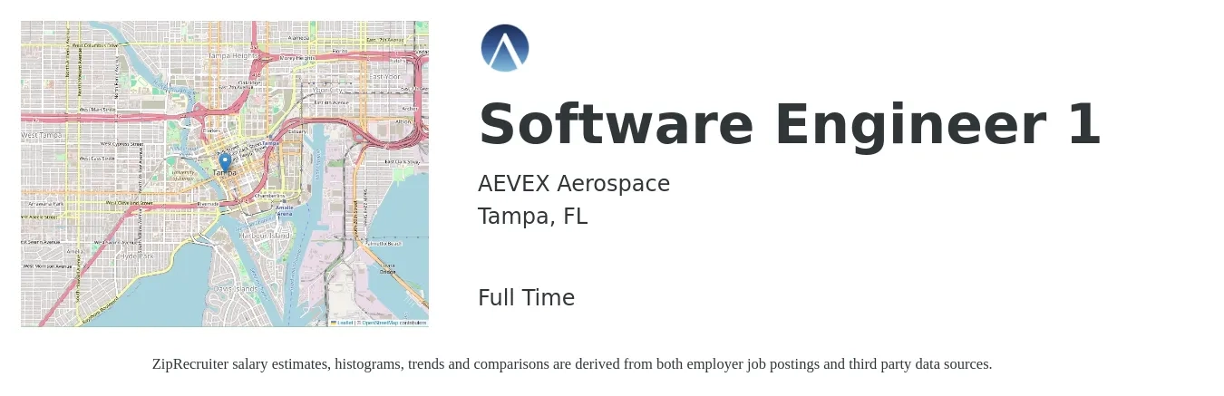 AEVEX Aerospace job posting for a Software Engineer 1 in Tampa, FL with a salary of $16 to $82 Hourly with a map of Tampa location.