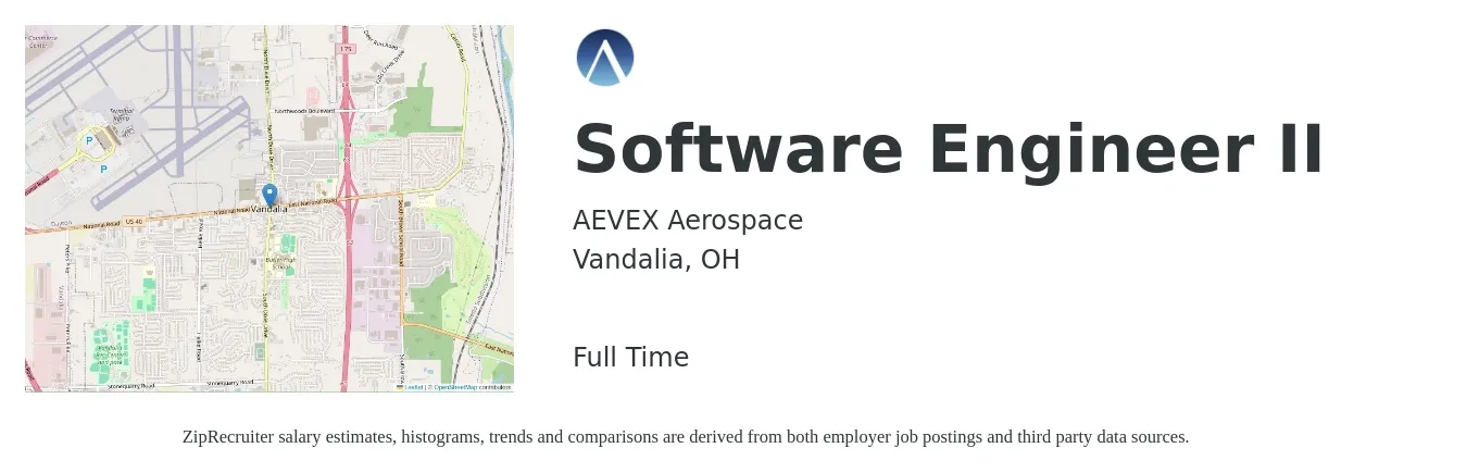 AEVEX Aerospace job posting for a Software Engineer II in Vandalia, OH with a salary of $112,800 to $162,700 Yearly with a map of Vandalia location.