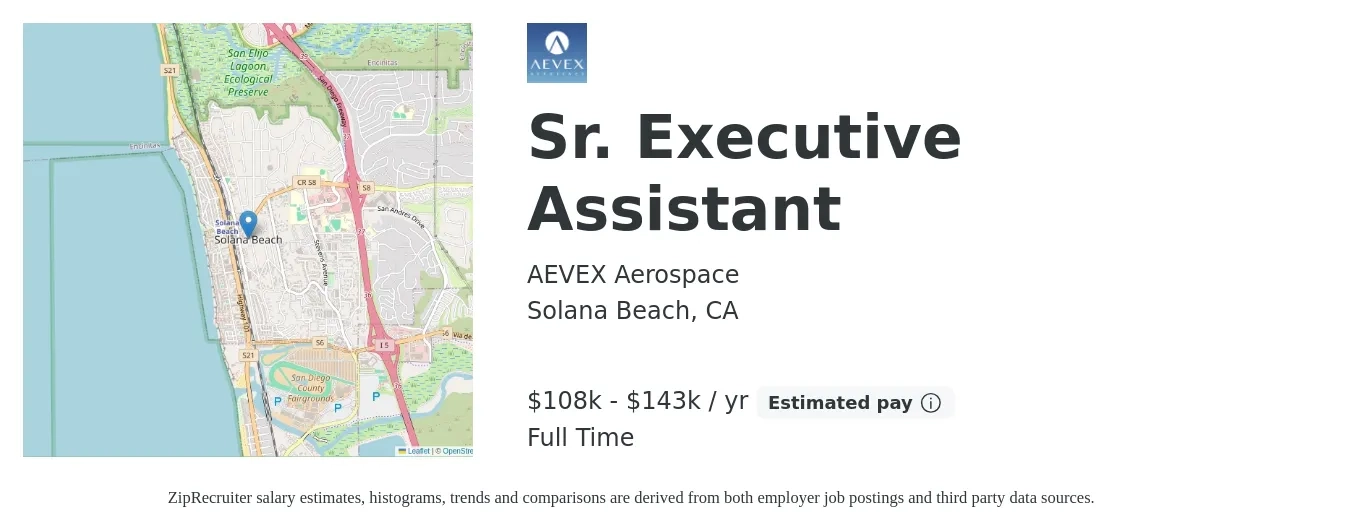 AEVEX Aerospace job posting for a Sr. Executive Assistant in Solana Beach, CA with a salary of $108,000 to $143,000 Yearly with a map of Solana Beach location.