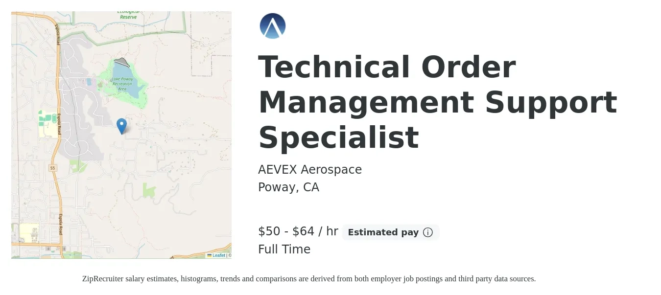 AEVEX Aerospace job posting for a Technical Order Management Support Specialist in Poway, CA with a salary of $110,000 to $140,000 Yearly with a map of Poway location.