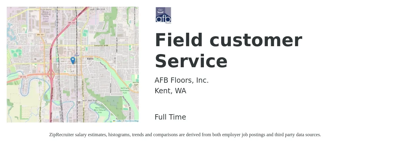 AFB Floors, Inc. job posting for a Field customer Service in Kent, WA with a salary of $25 to $30 Hourly with a map of Kent location.