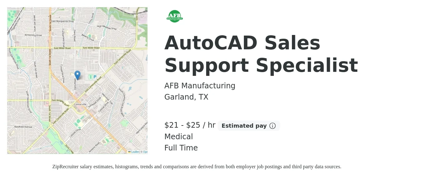 AFB Manufacturing job posting for a AutoCad Sales Support Specialist in Garland, TX with a salary of $22 to $26 Hourly and benefits including medical, and retirement with a map of Garland location.