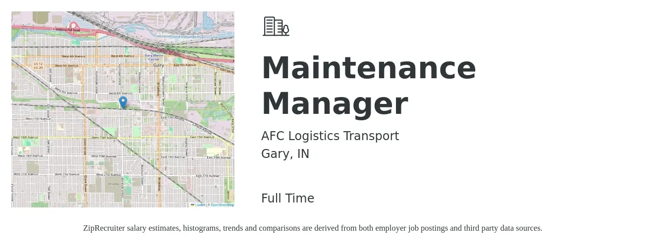 AFC Logistics Transport job posting for a Maintenance Manager in Gary, IN with a salary of $24 to $40 Hourly with a map of Gary location.