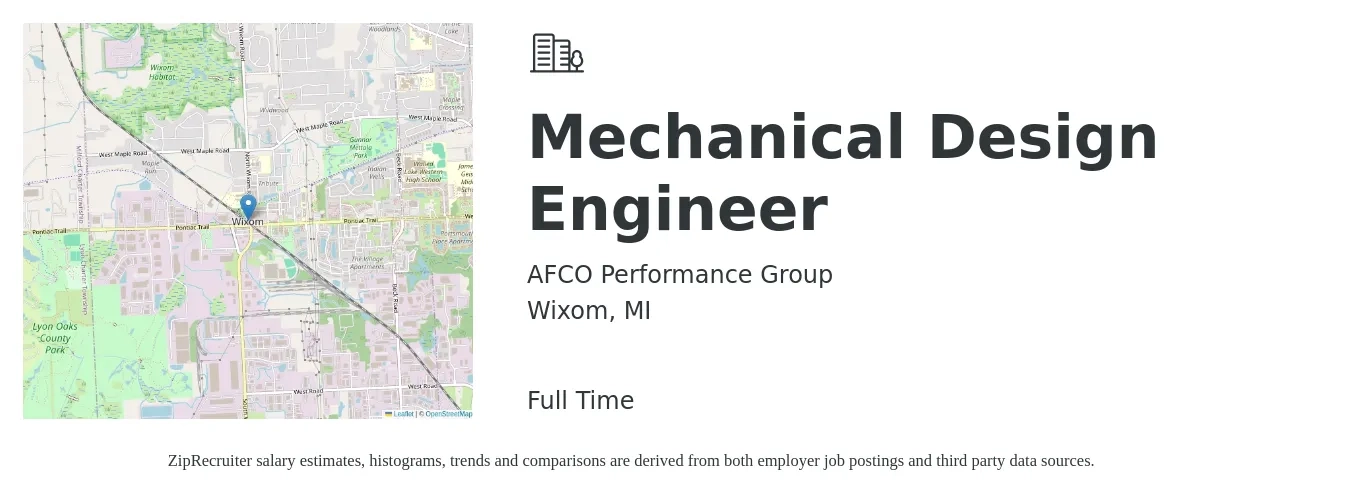 AFCO Performance Group job posting for a Mechanical Design Engineer in Wixom, MI with a salary of $78,000 to $100,000 Yearly with a map of Wixom location.