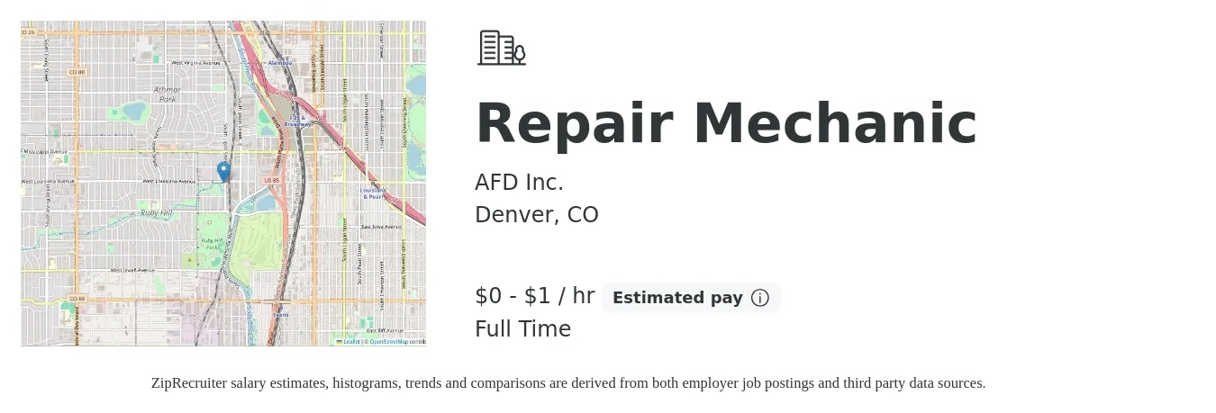 AFD Inc. job posting for a Repair Mechanic in Denver, CO with a salary of $1 to $2 Hourly and benefits including pto, and retirement with a map of Denver location.