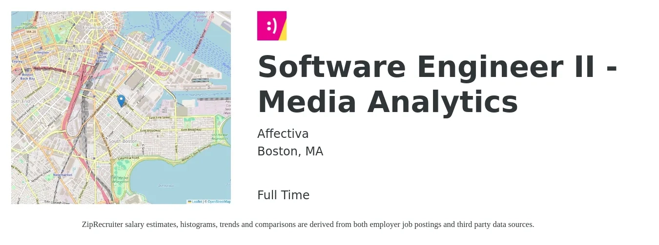 Affectiva job posting for a Software Engineer II - Media Analytics in Boston, MA with a salary of $130,800 to $188,500 Yearly with a map of Boston location.