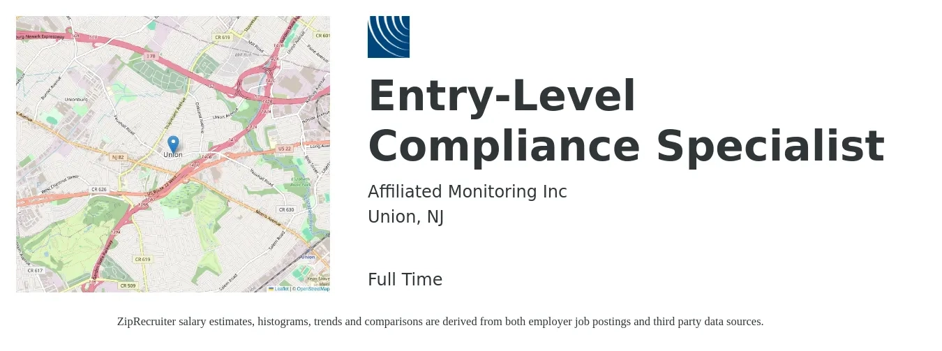 Affiliated Monitoring job posting for a Entry-Level Compliance Specialist in Union, NJ with a salary of $49,400 to $80,000 Yearly with a map of Union location.