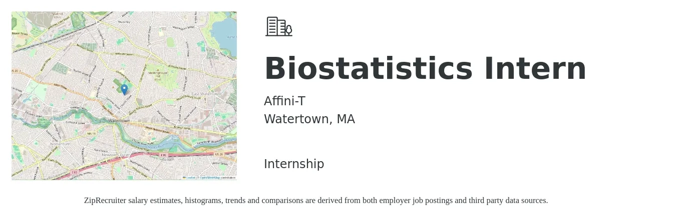 Affini-T job posting for a Biostatistics Intern in Watertown, MA with a salary of $16 to $22 Hourly with a map of Watertown location.