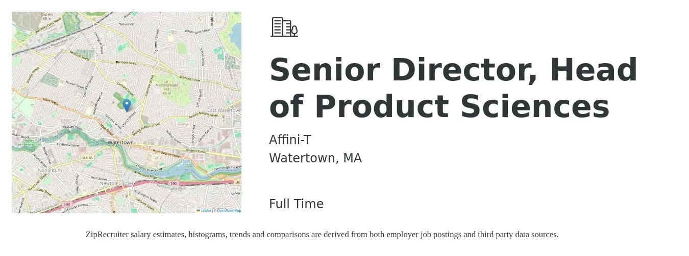 Affini-T job posting for a Senior Director, Head of Product Sciences in Watertown, MA with a salary of $253,400 to $265,400 Yearly with a map of Watertown location.