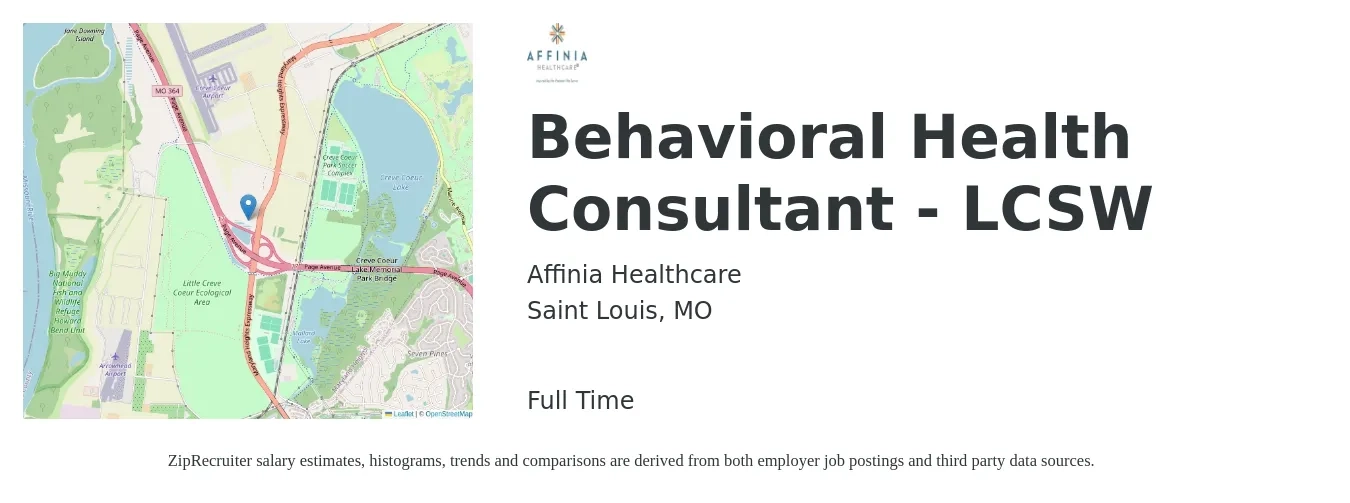 Affinia Healthcare job posting for a Behavioral Health Consultant - LCSW in Saint Louis, MO with a salary of $58,200 to $81,000 Yearly with a map of Saint Louis location.