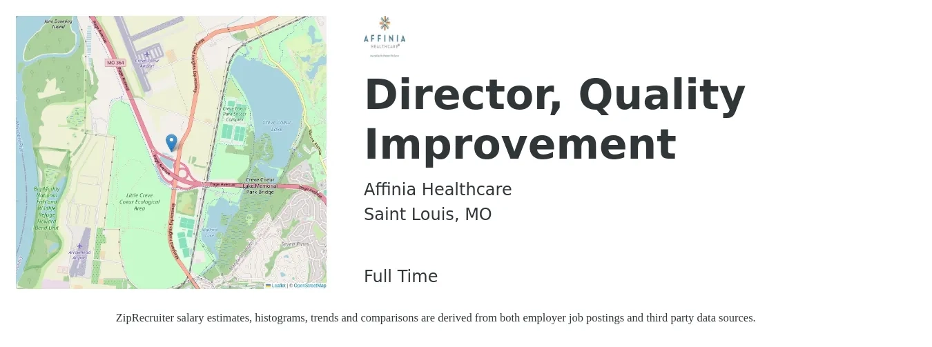 Affinia Healthcare job posting for a Director, Quality Improvement in Saint Louis, MO with a salary of $78,100 to $126,200 Yearly with a map of Saint Louis location.
