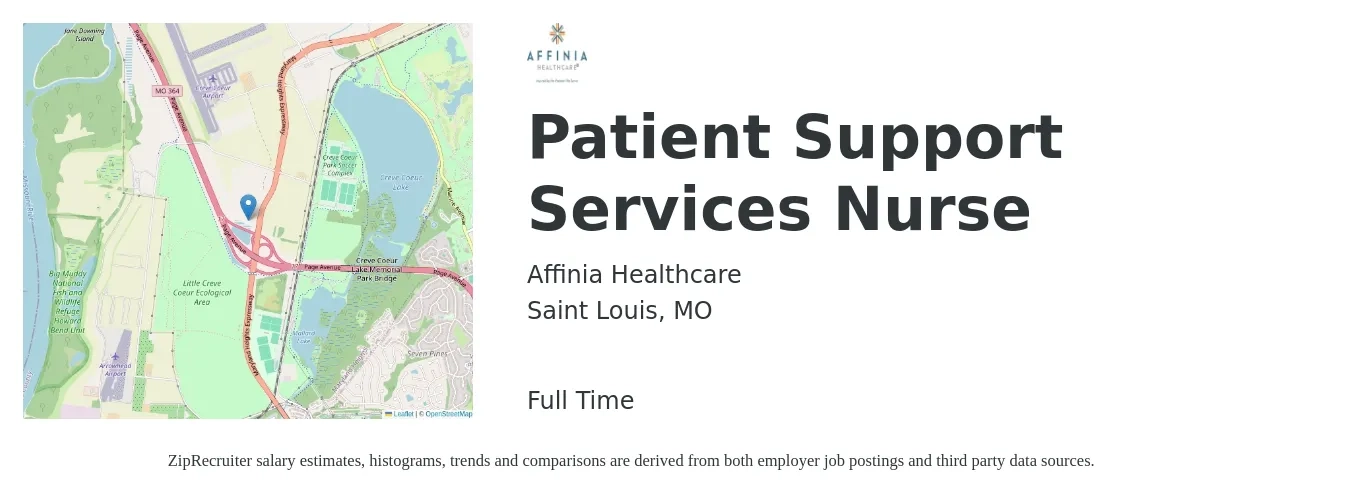 Affinia Healthcare job posting for a Patient Support Services Nurse in Saint Louis, MO with a salary of $16 to $20 Hourly with a map of Saint Louis location.