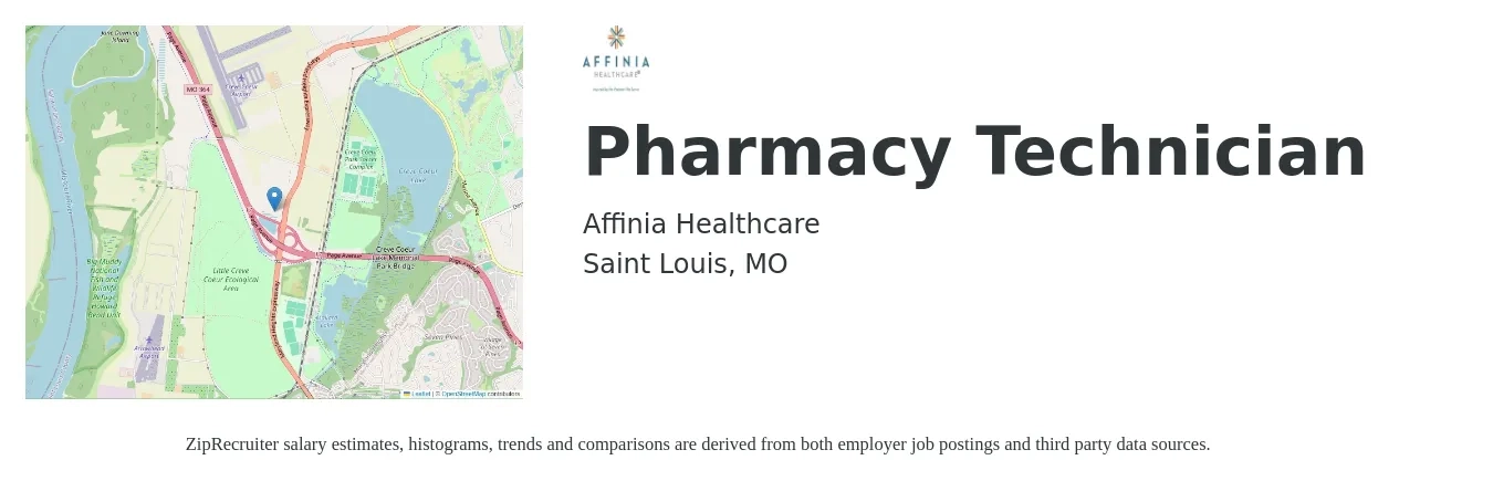 Affinia Healthcare job posting for a Pharmacy Technician in Saint Louis, MO with a salary of $17 to $20 Hourly with a map of Saint Louis location.