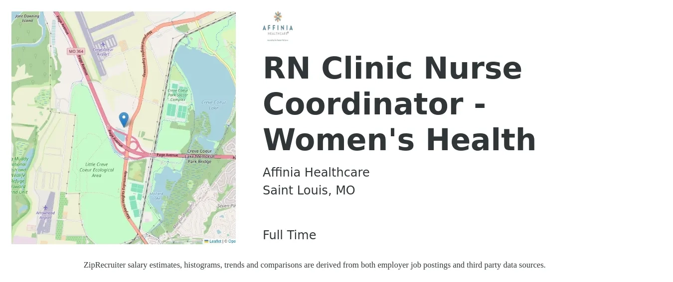 Affinia Healthcare job posting for a RN Clinic Nurse Coordinator - Women's Health in Saint Louis, MO with a salary of $31 to $46 Hourly with a map of Saint Louis location.