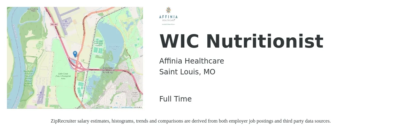 Affinia Healthcare job posting for a WIC Nutritionist in Saint Louis, MO with a salary of $40,800 to $59,200 Yearly with a map of Saint Louis location.
