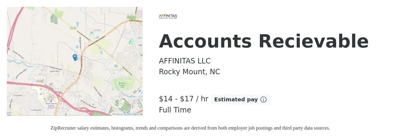 AFFINITAS LLC job posting for a Accounts Recievable in Rocky Mount, NC with a salary of $15 to $18 Hourly with a map of Rocky Mount location.