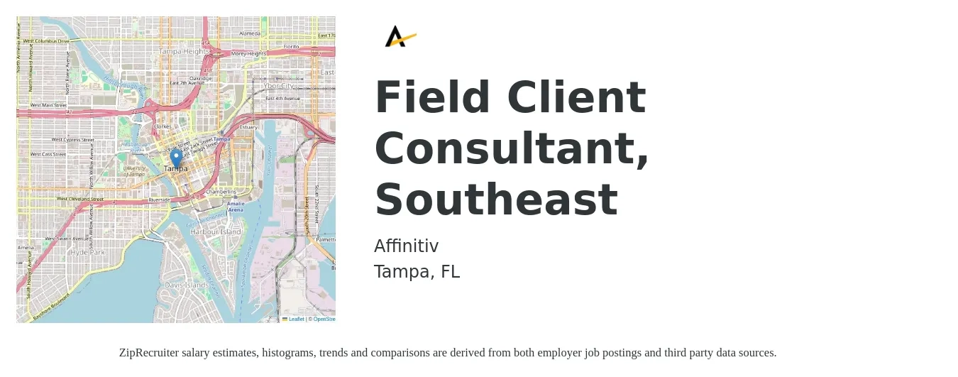 Affinitiv Inc job posting for a Field Client Consultant, Southeast in Tampa, FL with a salary of $44,600 to $70,500 Yearly with a map of Tampa location.