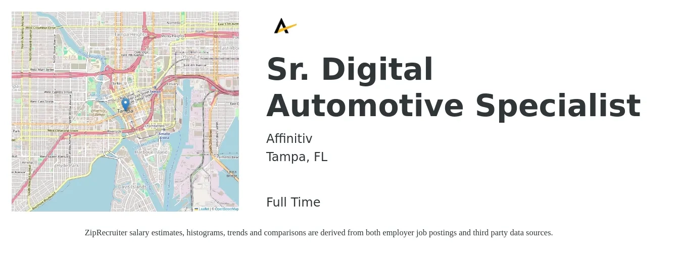 Affinitiv job posting for a Sr. Digital Automotive Specialist in Tampa, FL with a salary of $47,200 to $70,400 Yearly with a map of Tampa location.