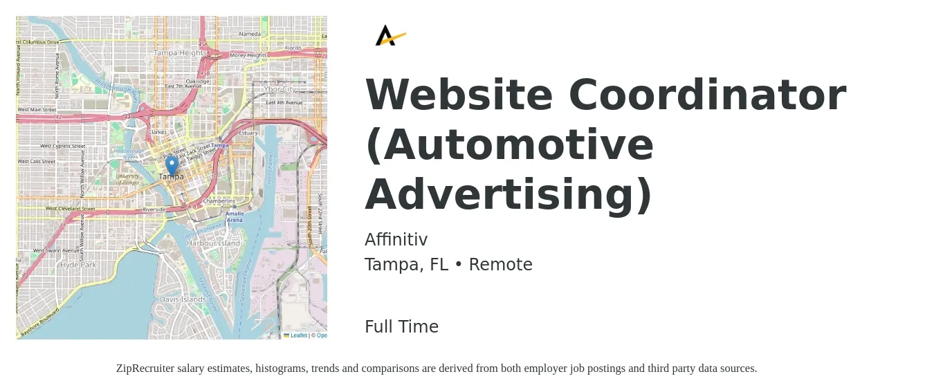 Affinitiv job posting for a Website Coordinator (Automotive Advertising) in Tampa, FL with a salary of $21 to $28 Hourly with a map of Tampa location.