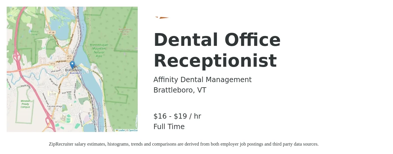 Affinity Dental Management job posting for a Dental Office Receptionist in Brattleboro, VT with a salary of $17 to $20 Hourly with a map of Brattleboro location.