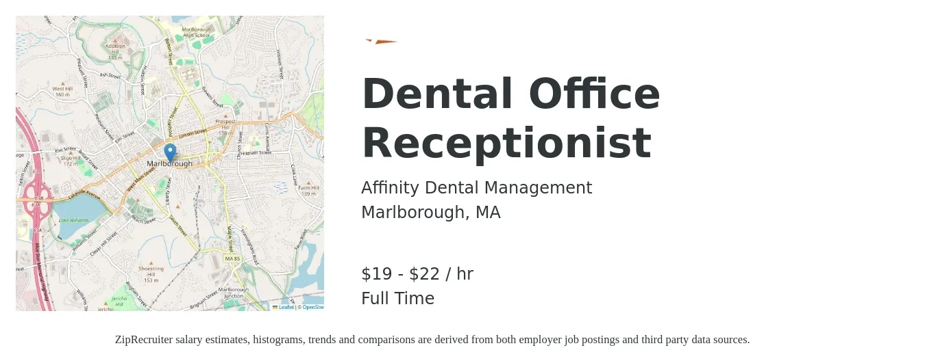 Affinity Dental Management job posting for a Dental Office Receptionist in Marlborough, MA with a salary of $20 to $23 Hourly with a map of Marlborough location.
