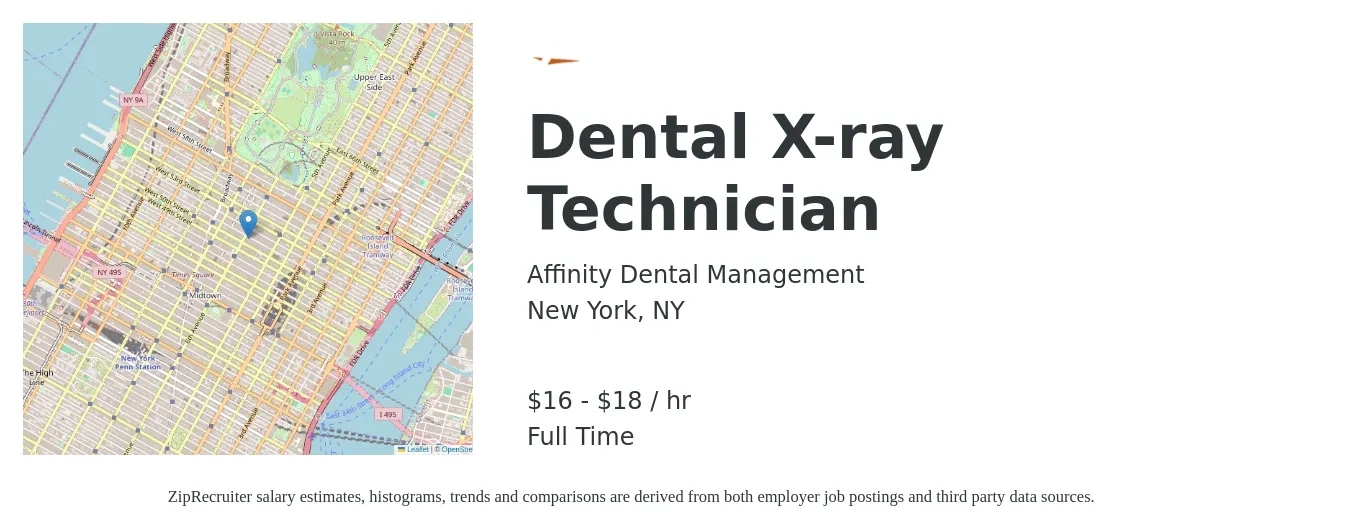 Affinity Dental Management job posting for a Dental X-ray Technician in New York, NY with a salary of $17 to $19 Hourly with a map of New York location.